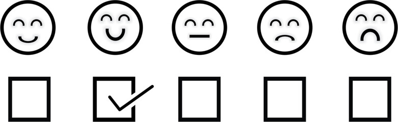 Customer Feedback Survey with Happy Emoji Selection and Checkmark for Positive Experience - Vector