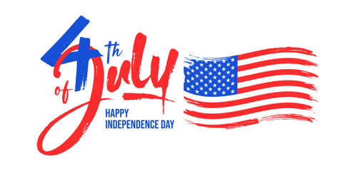 4th of July Brush lettering text, USA Independence 
day Banner with USA flag isolated on white background for Web Banner, Social Media, cover, Header, E-mail signature, Sale, Template