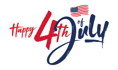 4th of July banner vector with Hand drawn brush 
lettering logo, text & American flag isolated 
on white background for USA Independence Day celebration, Social Media, Web Banner, Print, Sale Template