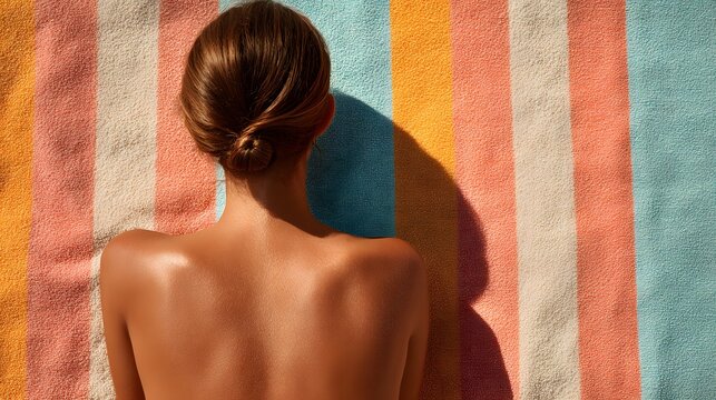 Backlit Beauty: Woman Relaxing on Colorful Striped Towel in Warm Sunlight