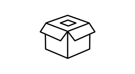 A simple line drawing of an open cardboard box with a small square cut out on the top flap of the box