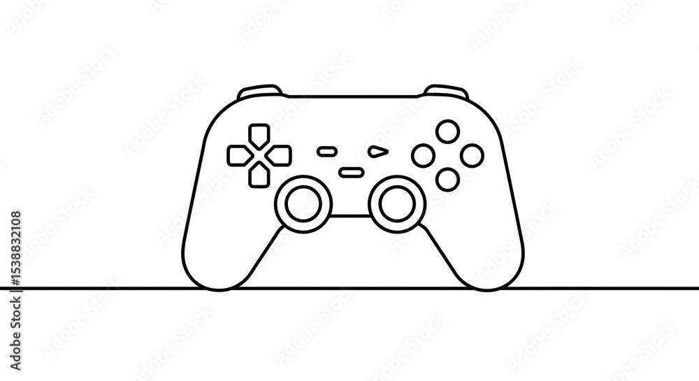 Poster a simple line drawing of a game controller with buttons and joysticks on a white background surface