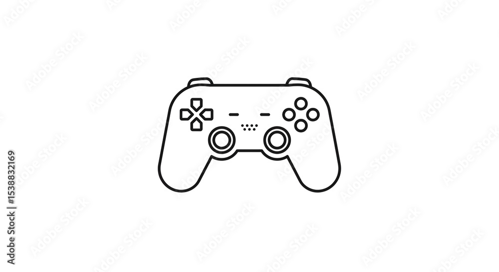 Poster a simple black and white line drawing of a video game controller on a plain white background space f