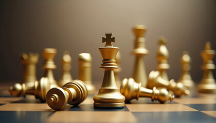 Golden chess king standing tall among fallen pieces, symbolizing ambition, success, dominance, and strategic victory.