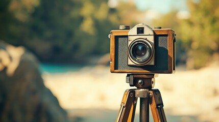 Vintage wooden camera on tripod outdoors in nature.