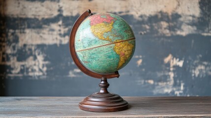 Vintage world globe on wooden table against textured wall.