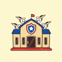 Military Action, Fighter Jets, Defense Building, Digital Illustration, Cartoon Style, Front View, Military Concept