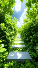 Stone path, lush green foliage, sunny sky, garden, escape