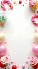 Candy-Themed Kids Party Background with Cupcakes, Balloons, and Sweets – Colorful and Cute Frame for Birthday Invitations or Baking-Themed Designs.