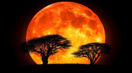 Blood Moon rising over African savanna, night sky