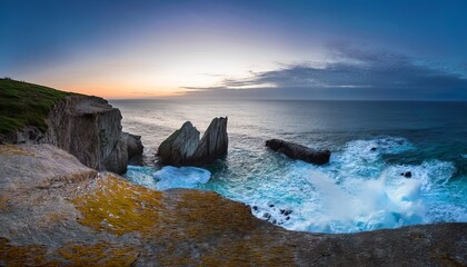 Breathtaking Coastal Sunset Scene Cliffside View with Ocean Waves Crashing Against Rock Formations Under a Dramatic Blue Sky