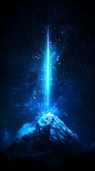 Blue beam erupts from snowy mountain peak, cosmic background, sci-fi concept