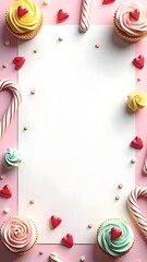 Candy-Themed Kids Party Background with Cupcakes, Balloons, and Sweets – Colorful and Cute Frame for Birthday Invitations or Baking-Themed Designs.