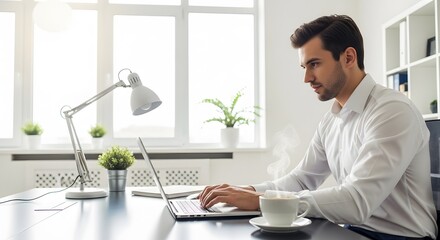 A focused man works on a laptop at a desk, sipping coffee in a bright office.