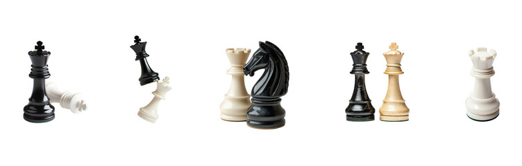 Collection of queen chess piece hovering over a white king, with the queen elegant design in sharp focus, symbolizing a checkmate position. isolate on transparent background