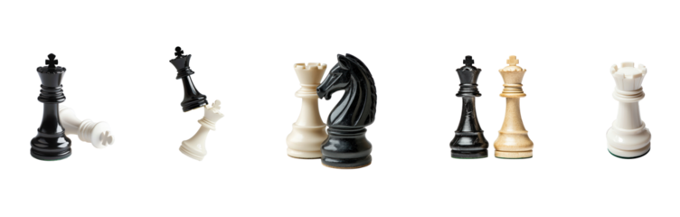 Collection of queen chess piece hovering over a white king, with the queen elegant design in sharp focus, symbolizing a checkmate position. isolate on transparent background