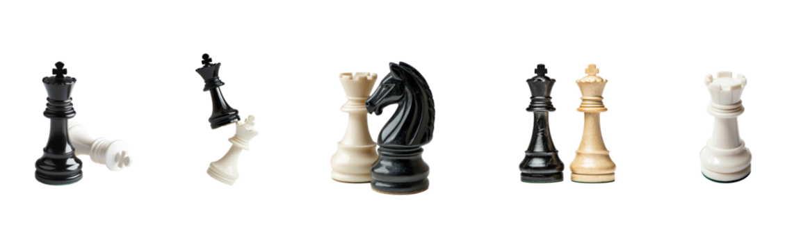 Collection of queen chess piece hovering over a white king, with the queen elegant design in sharp focus, symbolizing a checkmate position. isolate on transparent background