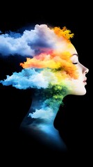 Woman, clouds, head, profile, art, imagination, digital, dark background, design, abstract