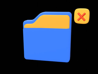 Wrong yellow computer folder with paper files, documents. Business, file management concept. 3d vector icon. 3D minimal style.