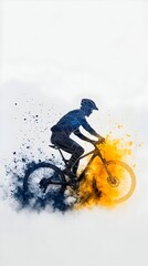 Cyclist mountain biking, speed blur, white background, action sports poster