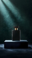 Dark perfume bottle, studio shot, spotlight, textured backdrop, advertising