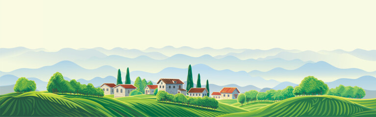 Vector illustration, rustic landscape with a village perched atop a hill, featuring a panoramic view of mountains and rolling hills in the background.