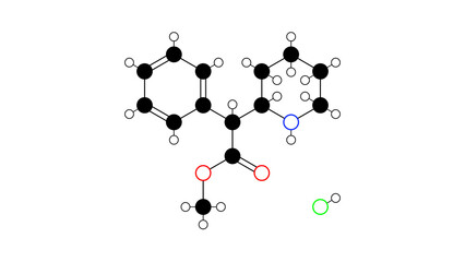 methylphenidate hydrochloride molecule, structural chemical formula, ball-and-stick model, isolated image central nervous system stimulant