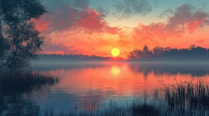 Fototapeta premium Tranquil Sunset Reflection Over Calm Lake with Soft Clouds and Vibrant Colors in the Sky