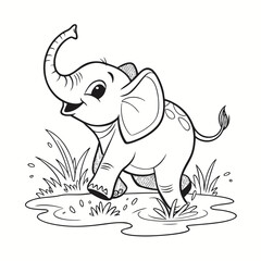 Cute baby elephant joyfully running through water with trunk raised and big floppy ears, vector with detailed lines and light splash accents. Isolated on clean white background.