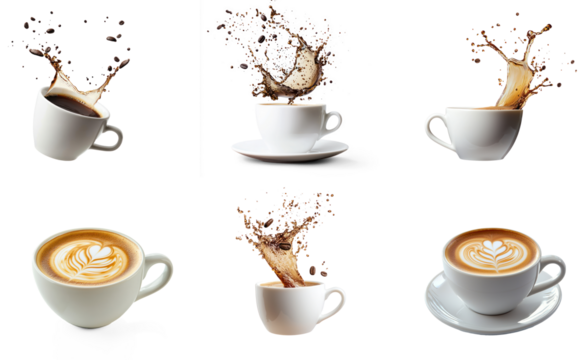 Collection of coffee cup in mid-air, as if being set down on a table, with the coffee inside catching the light just before it touches the surface. isolate on transparent background