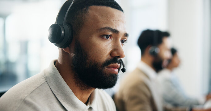 Fototapeta Serious, profile and man in call center for technical support, IT solution or coworking. Headset, problem solving and operator think of virtual troubleshooting, software query or customer complaint