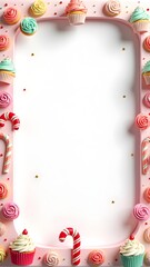 Candy-Themed Kids Party Background with Cupcakes, Balloons, and Sweets – Colorful and Cute Frame for Birthday Invitations or Baking-Themed Designs.
