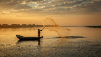 Local fisherman skillfully casts net into tranquil waters during golden evening light, creating serene and picturesque scene. reflection of sky adds to beauty of moment