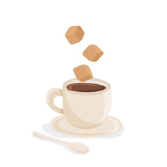 Vector illustration of a coffee mug with black coffee, three brown sugar cubes and a plastic spoon. Suitable for menu design, packaging and coffee related projects