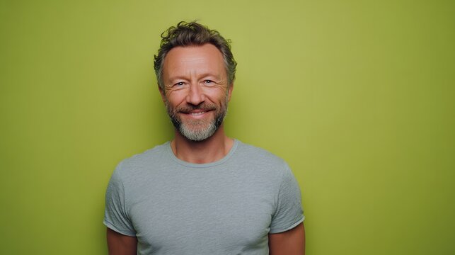 Engaging and modern portrait of a cheerful middle-aged man in a grey tee against a richly colored light green backdrop, perfect for contemporary style and design