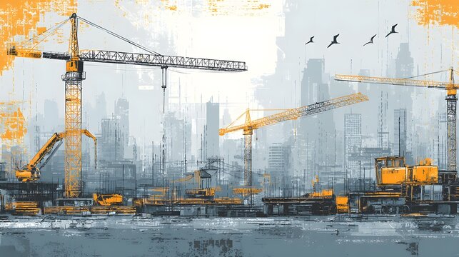 Intricate digital vector illustration representing the subtle aroma of fresh cement and the transformative progress of urban construction