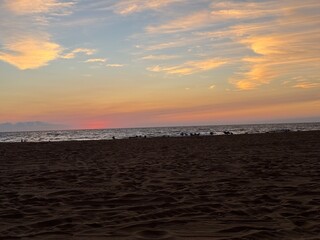 Sunset at Virginia Beach with Flock of Seagulls on Shore