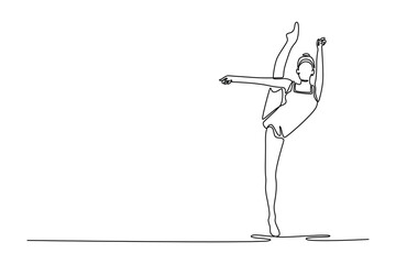 Continuous one line drawing young girl rhythmic gymnast practice split stand. Female movement, flexible dancing athlete. Action sports competition. Single line draw design vector graphic illustration