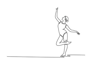 Continuous one line drawing rhythmic gymnast girl training art dancing in the gym. Grace in motion, action, sport. Exercises for healthy lifestyle. Single line draw design vector graphic illustration