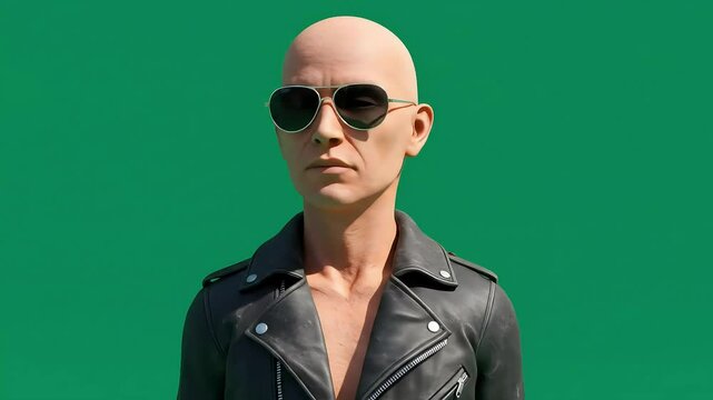 A 3D clay character figure model bald man wearing a black leather jacket and aviator sunglasses against a solid green screen background