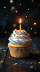 Brightly lit birthday cupcake with colorful frosting and sprinkles celebration