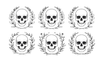 Scalable vector illustration featuring four symmetrical human skulls, each centered within an individual floral wreath. The skulls should be minimalist, using bold black outlines, easily editable.