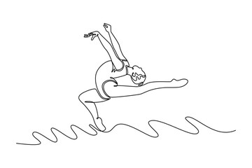 Single continuous line drawing flexible teen girl rhythmic gymnast in dance motion exercise. Sport, beauty, competition, flexibility, active lifestyle. One line draw graphic design vector illustration