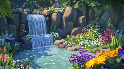 Serene Waterfall Surrounded by Vibrant Flowers and Lush Greenery in a Tranquil Garden Setting