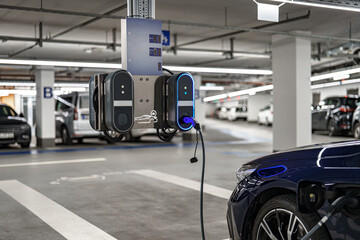Modern electric vehicle charging station in an underground parking garage during daylight hours