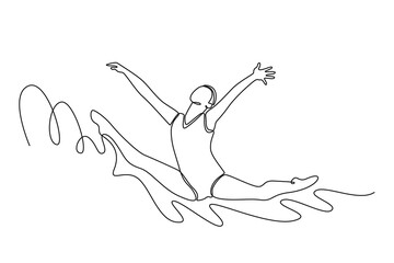 Single continuous line drawing young female gymnast jumping in mid air, performing split leap. Action, motion, sport, motivation, competition. Dynamic one line draw graphic design vector illustration