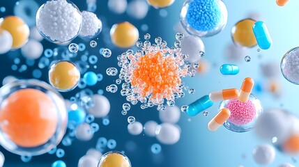 Microscopic drug release, cellular background, medical illustration