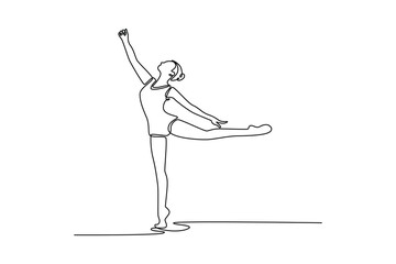 Single one line drawing professional young athlete exercising ballet dance. Gymnastics and acrobatics. Sports, beauty, competition, flexibility. Continuous line draw design graphic vector illustration