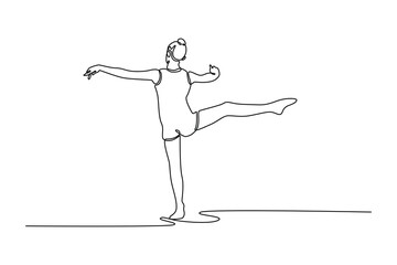Single continuous line drawing back view charming artistic gymnast dancing. Female gymnast, creativity, art with dancing routine and energy at arena. One line draw graphic design vector illustration