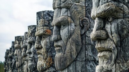 Sculpted stone faces in a row outside.